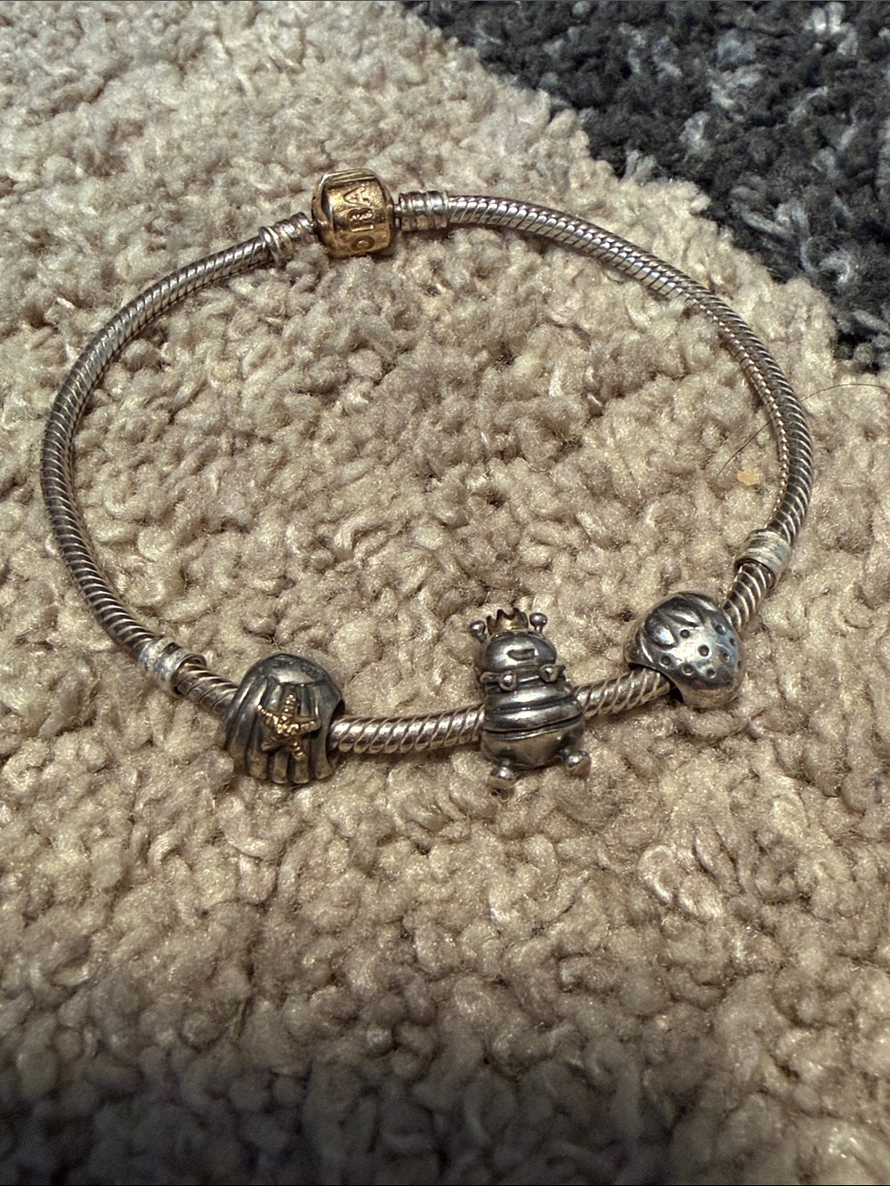Pandora bracelet, sterling silver with gold clasp, THREE charms, GUC!